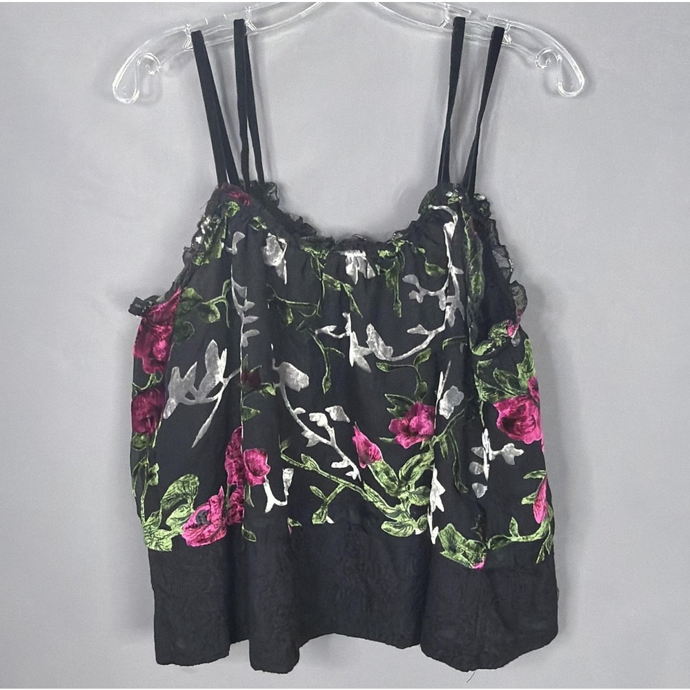 Black Floral Burnout Velvet Cami Tank Top Y2K Whimsigoth Boho Festival POL Large